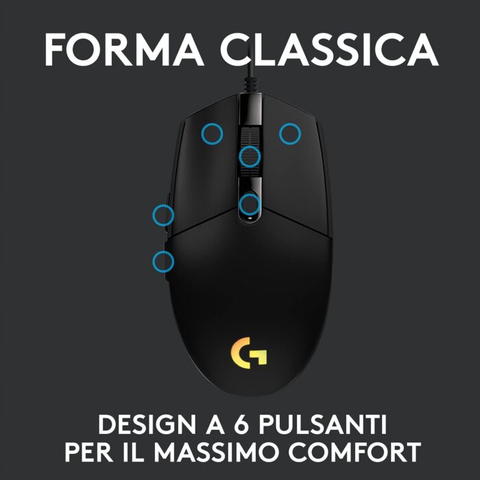 Logitech G G203 Lightsync, Mouse Gaming con Illuminazione RGB, 6 Pulsanti Programmabili, Sensore per Gaming, Tracciamento a 8.000 DPI, Peso Ridotto - Nero - immagine 3