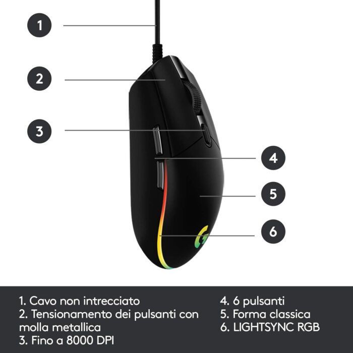 Logitech G G203 Lightsync, Mouse Gaming con Illuminazione RGB, 6 Pulsanti Programmabili, Sensore per Gaming, Tracciamento a 8.000 DPI, Peso Ridotto - Nero - immagine 5