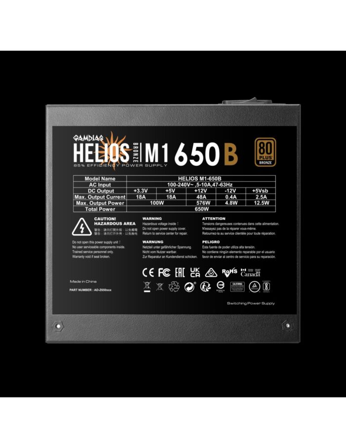 Gamdias Helios M1-650B, Alimentatore PC Gaming ATX Non Modulare - Certificazione 80 PLUS Bronze - Ventola PWM silenziosa 120 mm - Efficienza dell'85% - Nero - immagine 3